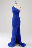 Sparkly Mermaid One Shoulder Sequins Prom Dress with Slit