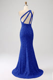 Sparkly Mermaid One Shoulder Sequins Prom Dress with Slit