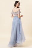 Sparkly Grey Beaded Long Tulle Evening Dress