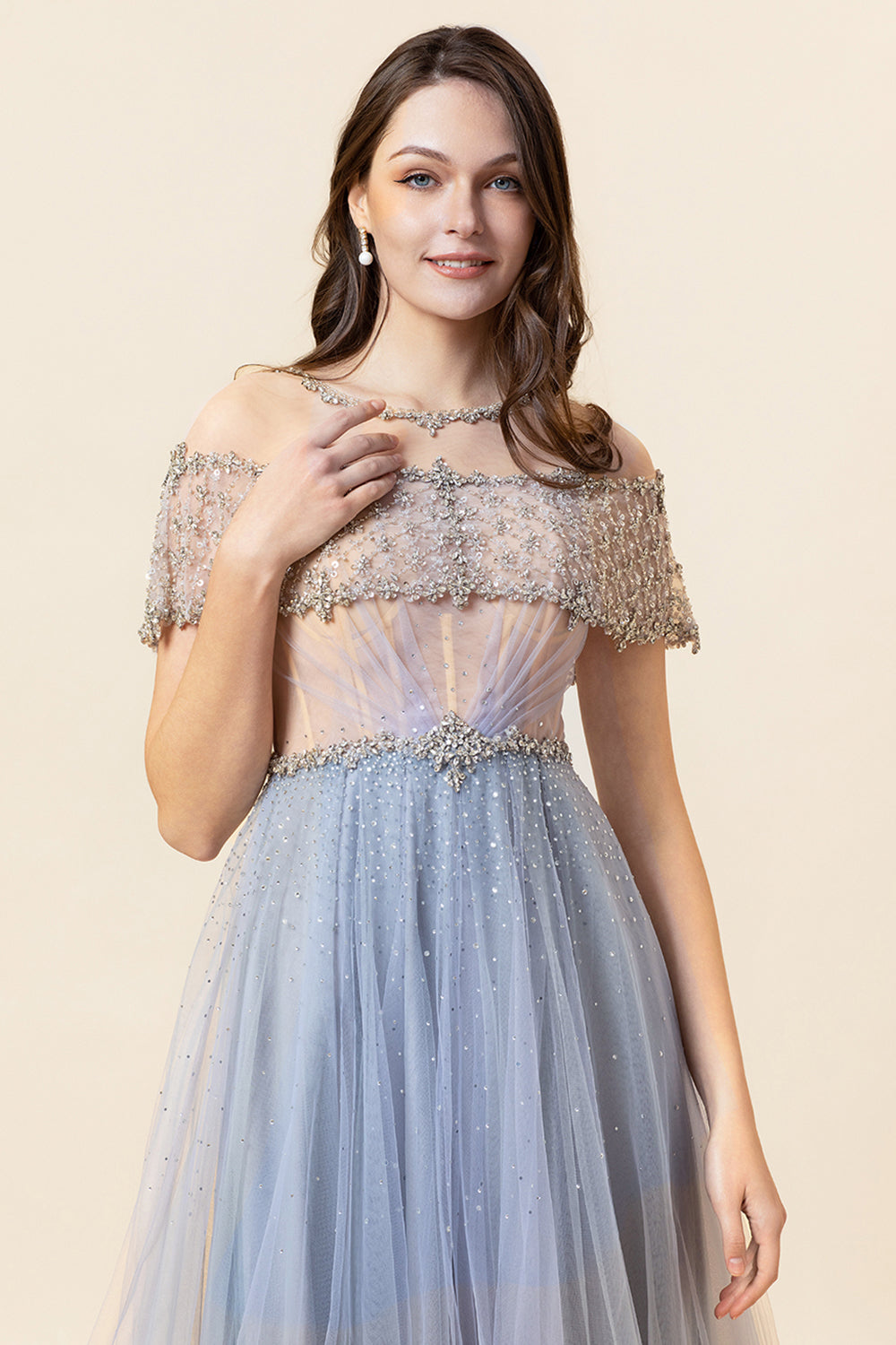 Sparkly Grey Beaded Long Tulle Evening Dress
