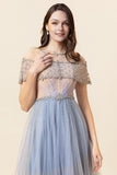 Sparkly Grey Beaded Long Tulle Evening Dress