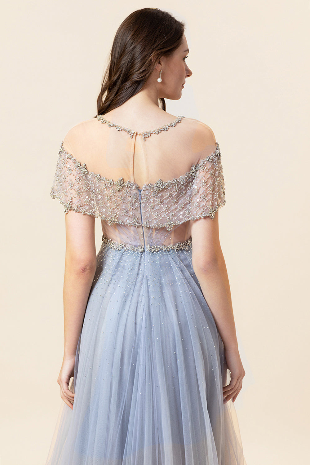 Sparkly Grey Beaded Long Tulle Evening Dress