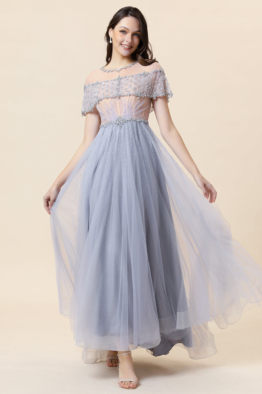 Sparkly Grey Beaded Long Tulle Evening Dress