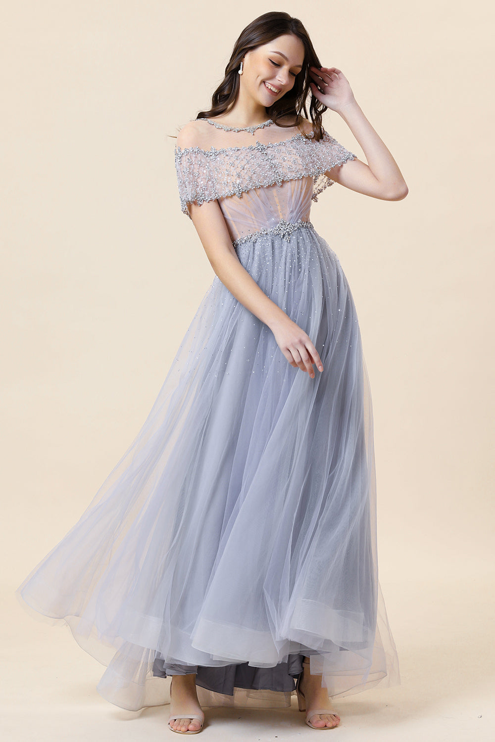Sparkly Grey Beaded Long Tulle Evening Dress