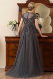 Dark Grey A Line Tulle Beaded Glitter Mother of Bride Dress