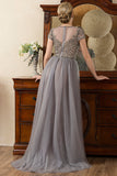 Dark Grey A Line Tulle Beaded Glitter Mother of Bride Dress