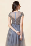 Sparkly Grey Beaded Long Formal Dress