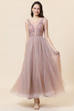 Sparkly Blush Beaded Long Tulle Prom Dress