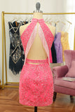 Pink Open Back Halter Lace Tight Homecoming Dress