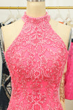 Pink Open Back Halter Lace Tight Homecoming Dress