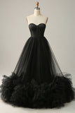 A Line Sweetheart Black Corset Prom Dress with Ruffled