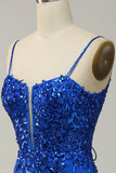 Mermaid Spaghetti Straps Black Sequins Long Prom Dress with Split Front