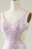 Sheath V Neck Lilac Sequins Long Prom Dress with Split Front