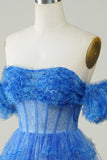 Cute Blue Printed Detachable Sleeves Ruffled Short Homecoming Dress
