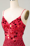 Sparkly Red Corset Sequin Mirror Tight Homecoming Dress with Slit