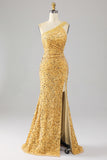 Mermaid Sequins One Shoulder Golden Prom Dress with Slit