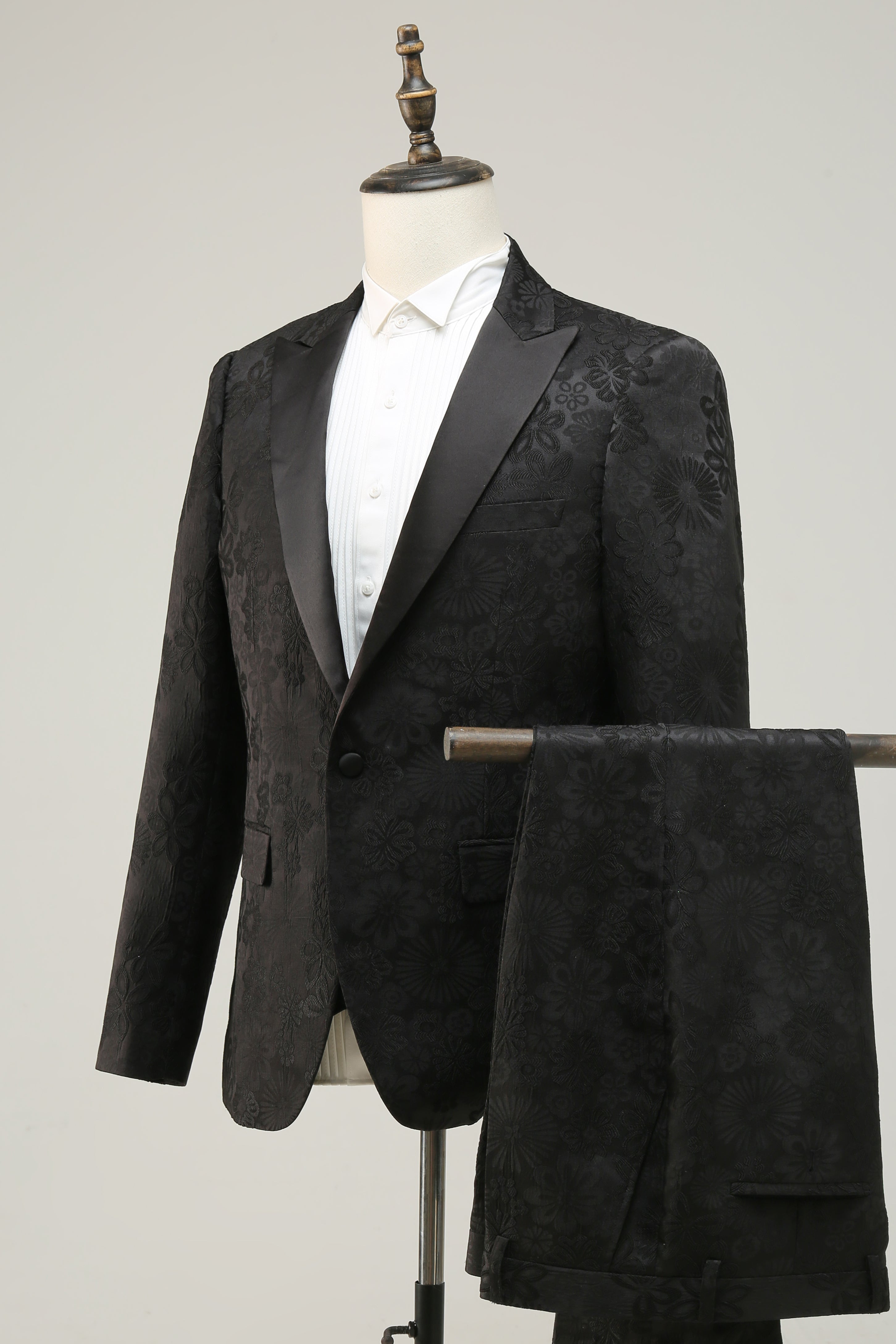 Peak Lapel Dark Blue Jacquard Men's Prom Wedding Party Suits