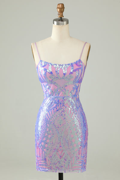 Zapaka Women Sparkly Purple Sequin Tight Short Homecoming Dress Spaghetti Straps Backless Cocktail Dress