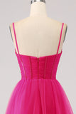 Fuchsia A-Line Spaghetti Straps Long Corset Prom Dress with Slit