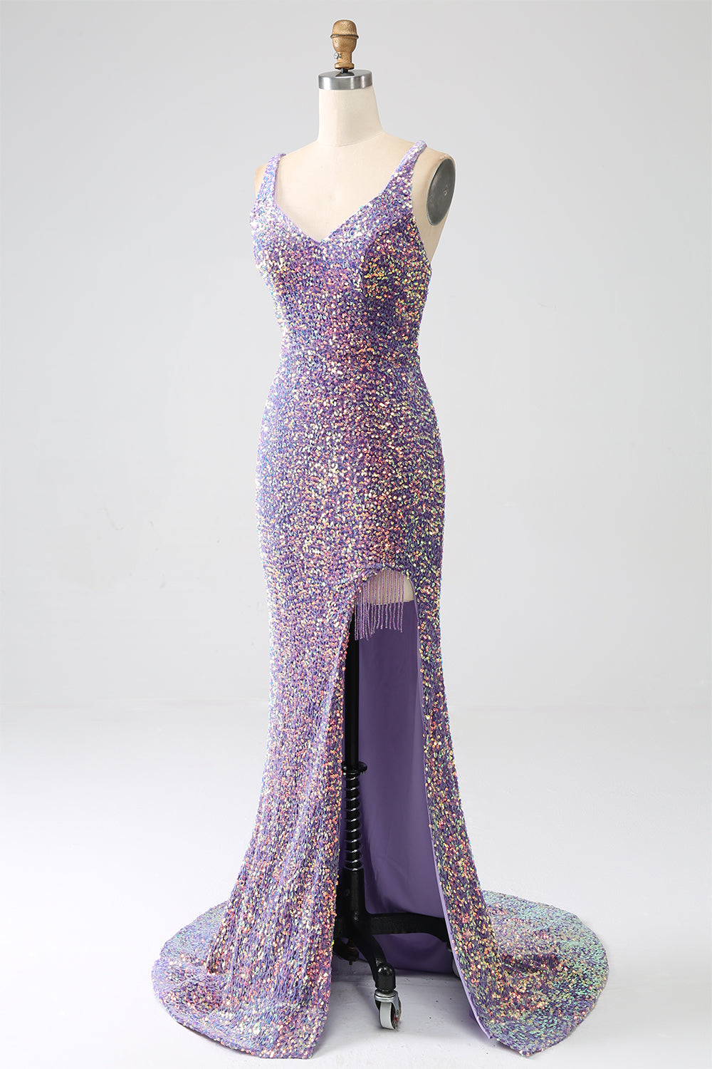Sparkly Mermaid Light Purple Sequins Evening Dress with Slit