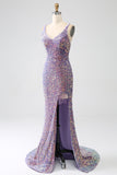 Sparkly Mermaid Light Purple Sequins Evening Dress with Slit
