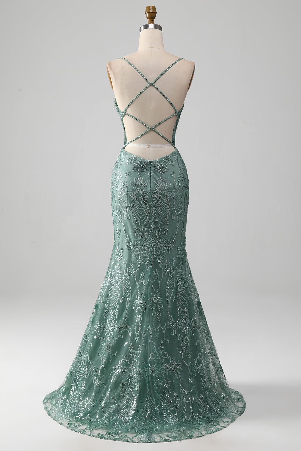 Sparkly Grey Green Mermaid Spaghetti Straps Long Prom Dress with Beading