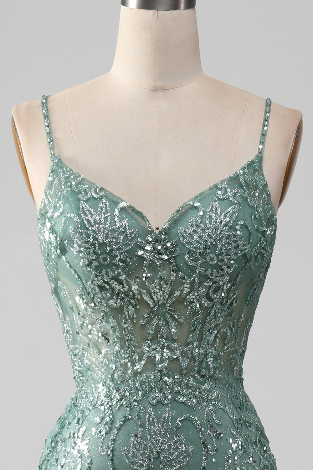 Sparkly Grey Green Mermaid Spaghetti Straps Long Prom Dress with Beading