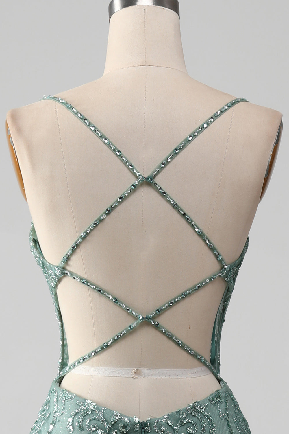Sparkly Grey Green Mermaid Spaghetti Straps Long Prom Dress with Beading