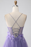 Purple A-Line Spaghetti Straps Corset Prom Dress with 3D Flowers