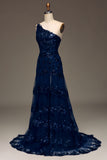 Sparkly Dark Navy Tiered Lace One Shoulder Long Prom Dress with Slit