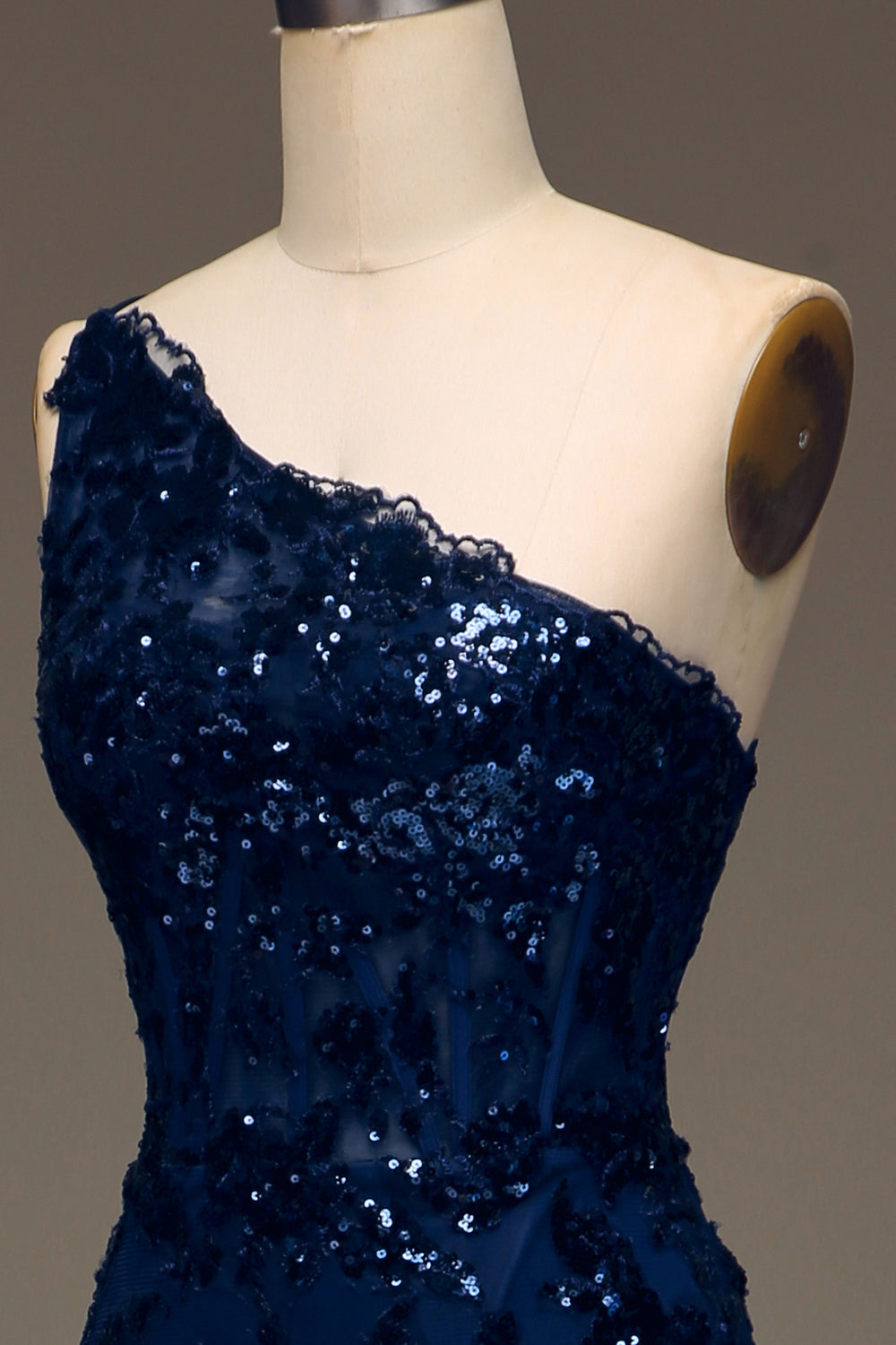 Sparkly Dark Navy Tiered Lace One Shoulder Long Prom Dress with Slit
