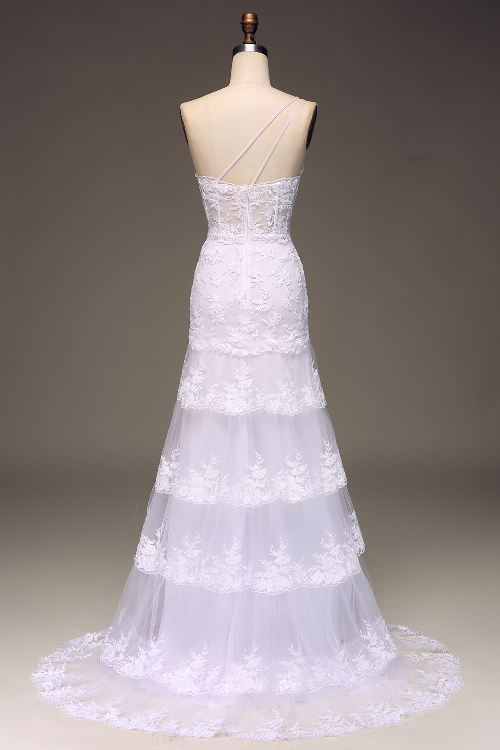 Sparkly Dark Navy Tiered Lace One Shoulder Long Prom Dress with Slit