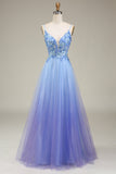 Spakly Blue Tulle Prom Dress with Appliques