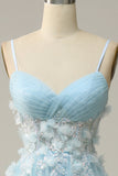 A Line Spaghetti Straps Sky Blue Prom Dress with Appliques