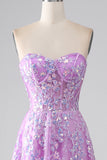 Purple A-Line Strapless Corset Prom Dress with Appliques