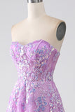 Purple A-Line Strapless Corset Prom Dress with Appliques