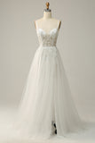 A Line Spaghetti Straps White Long Bridal Dress with Appliques