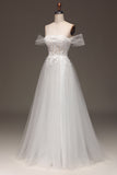 White Off the Shoulder A Line Corset Wedding Dress with Appliques
