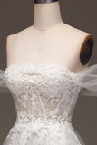 White Off the Shoulder A Line Corset Wedding Dress with Appliques