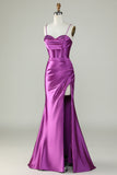 Dark Purple Spaghetti Straps Mermaid Long Prom Dress With Slit