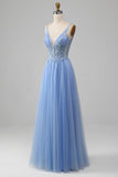 Light Blue A-Line V Neck Tulle Prom Dress With Appliques