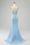 Glitter Sky Blue Spaghetti Straps Mermaid Prom Dress with Slit