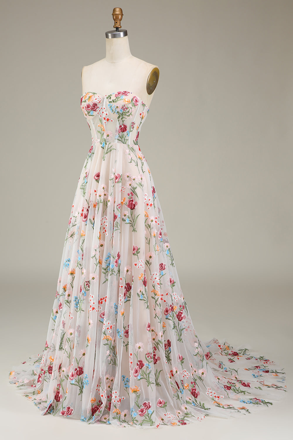A-Line Sweetheart Corset Long Prom Dress With Flower