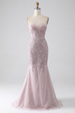Sparkly Blush Strapless Mermaid Corset Prom Dress with Appliques