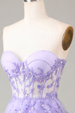 Lavender Strapless Tiered Tulle Corset Prom Dress with Appliques