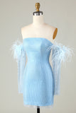 Detachable Sleeves Blue Tight Homecoming Dress with Feathers