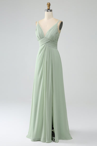 Cross-pleated Spaghetti Strap Chiffon Dress Dusty Sage
