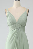 Dusty Sage A-Line Spaghetti Straps Pleated Chiffon Long Bridesmaid Dress