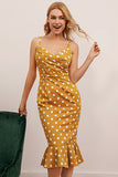 Yellow Mermaid Spaghetti Straps White Polka Dots Dress