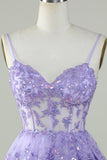 Gorgeous A Line Spaghetti Straps Purple Sparkly Corset Homecoming Dress